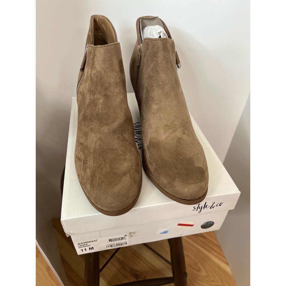 Style & Co Masrinaaf Taupe Faux Suede Block Heel Ankle Booties Womens 11 M